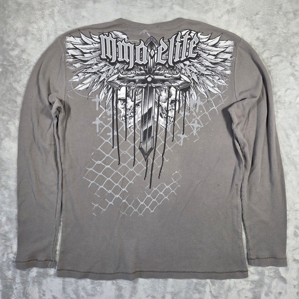 MMA Elite Mens XL Gray Waffle Knit Thermal Graphic Y2k Shirt Skulls Crosses Punk - Picture 8 of 10